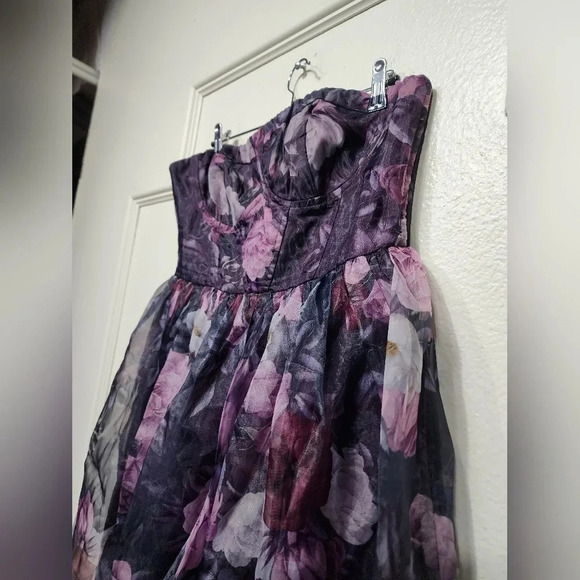 Lulus Wonderful Waltz Purple Floral Print Strapless Bustier Maxi Dress Party - Picture 8 of 12